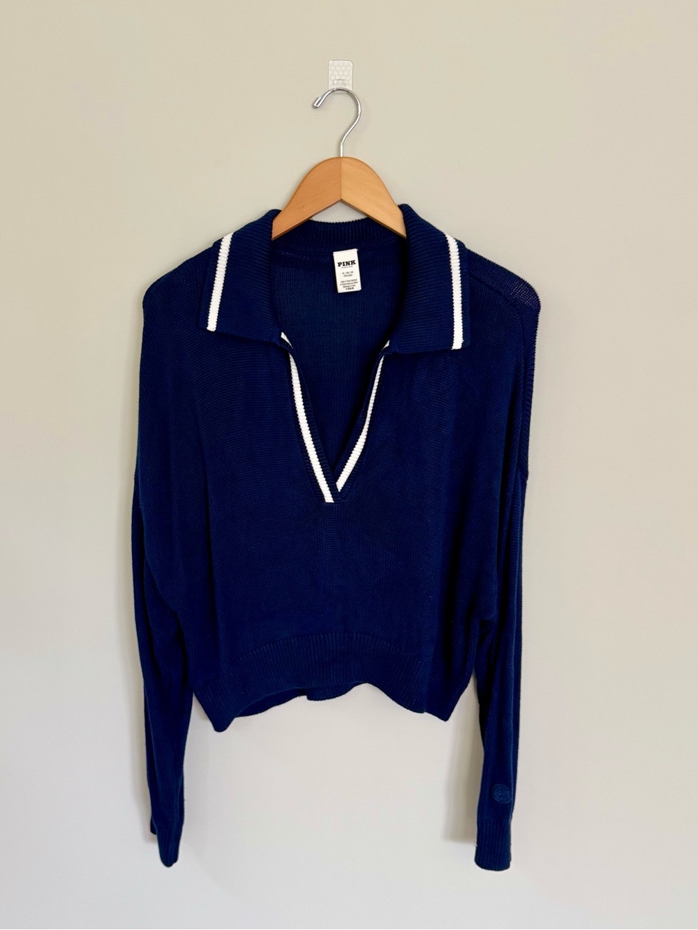 PINK Victoria's Secret Navy Knit Polo Sweater with White Trim